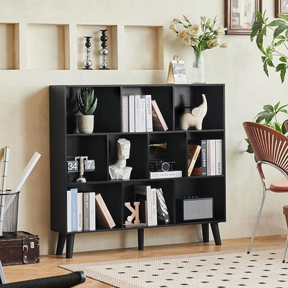 LEYAOYAO 10 Cube Bookshelf,3 Tier Modern Wide Bookcase with Legs,Mid-Century Wood Bookshelves Storage,Black Large Book Case,Freestanding Organizer Display Shelf for Bedroom,Living Room,Office