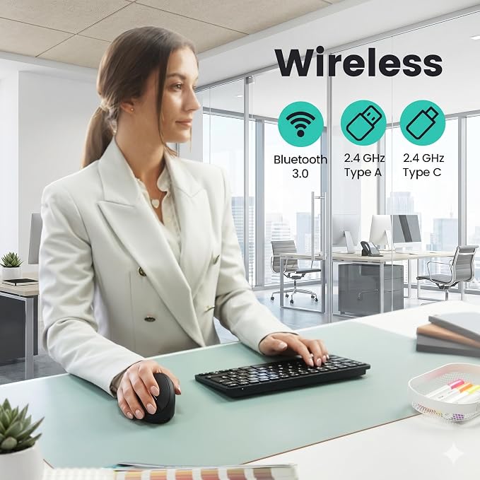 Perixx PERIMICE-819B Bluetooth Portable Vertical Mouse - Wireless 3-in-1 Multi-Device Spec - Silent-Click - Portable Compact Size - Black - Right Handed