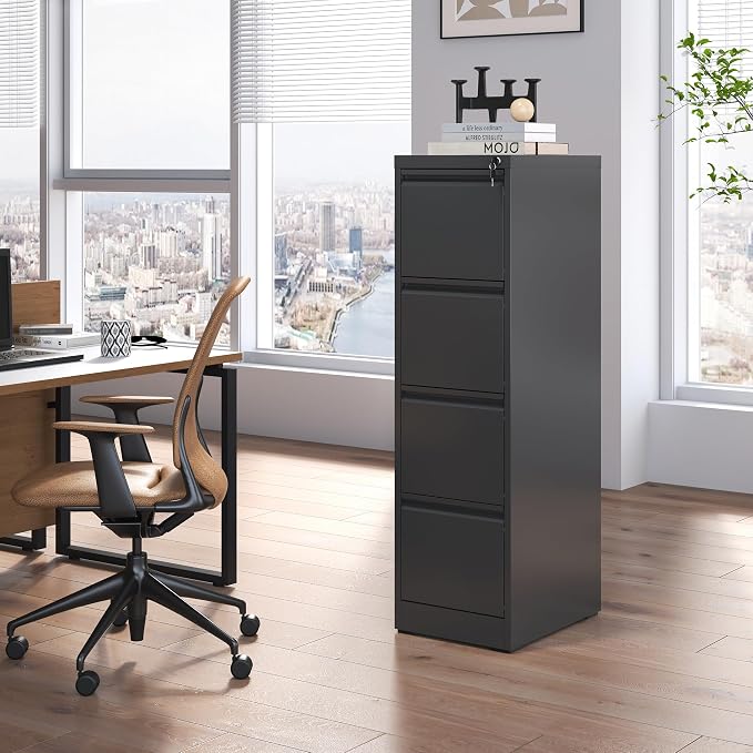 4 Drawer File Cabinet with Lock, Steel Vertical Filing Cabinets for Home Office, Metal Storage Cabinet for Hanging Legal/Letter Size Files, Assembly Required (Black)
