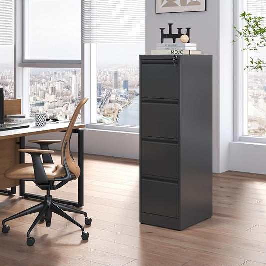 4 Drawer File Cabinet with Lock, Steel Vertical Filing Cabinets for Home Office, Metal Storage Cabinet for Hanging Legal/Letter Size Files, Assembly Required (Black)