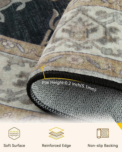 RELEANY Area Rugs Round 4ft Washable Non-Slip, Floral Vintage Distress Medallion Carpet for Living Room Bedroom Dining Room, Vintage Black Brown Neutral
