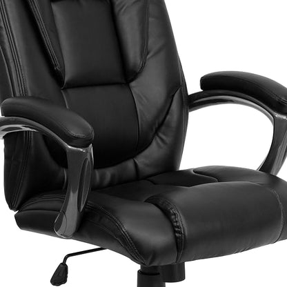 EMMA + OLIVER High Back Black LeatherSoft Layered Upholstered Executive Swivel Ergonomic Office Chair with Smoke Metal Base and Arms