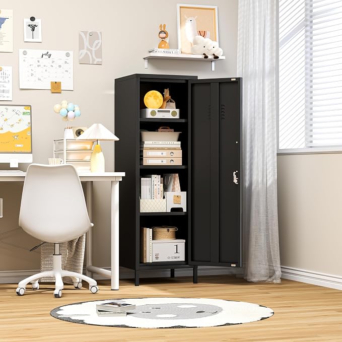 pozdeg 47.24" Metal Storage Locker with Lockable, Employees Metal Steel Locker with 1 Door ＆ 3 Adjustable Shelves, Small Locker Storage Cabinets for Home, School, Office, Gym (Black)