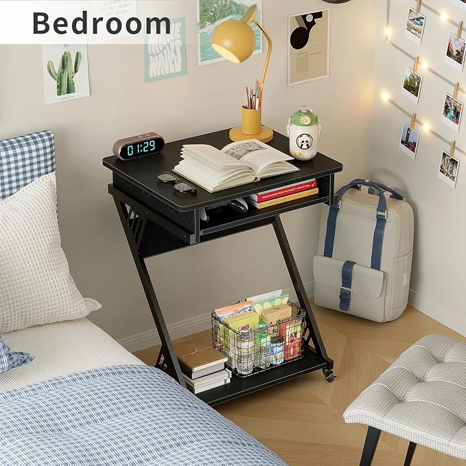 ALISENED Computer Desk for Small Spaces,23.6" Z-Shaped Compact Study Table with Smooth Keyboard Tray,with Wheels and Bottom Shelves for Home Office，Computer Cart Mobile Laptop Cart