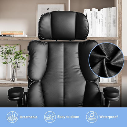 Kensaker Office Chair with Adjustable Headrest & Lumbar Support for for Lower Back Pain Relief, Executive PU Leather Chairs Comfy with Double Padding & 135° Rocking for Home Office, Black