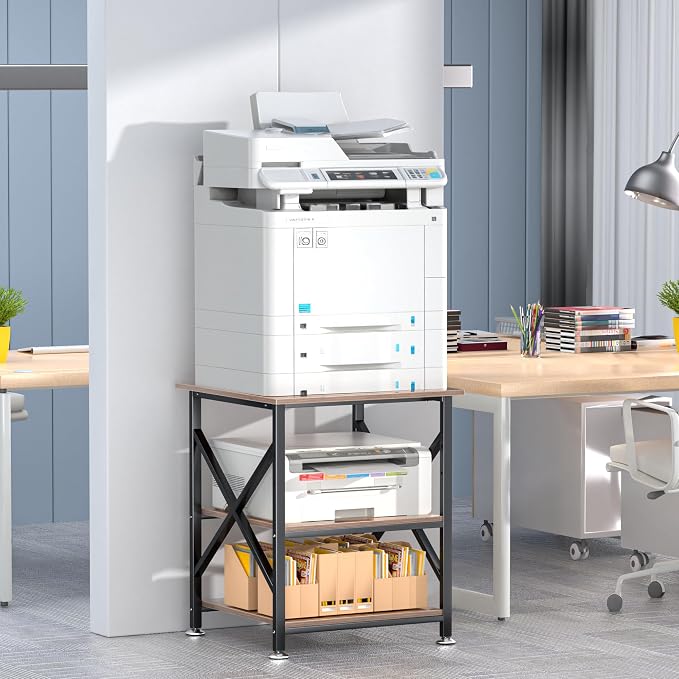 Printer Stand, 23.6 x 23.6 Inches Large Printer Stand with Adjustable Storage Shelf, 3 Tier Printer Table for Home Office, Rolling Printer Cart with Industrial Wheels, Mini Fridge Stand Table, Vintage