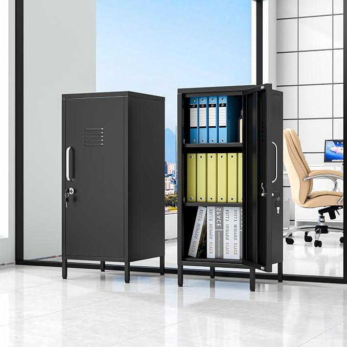 pozdeg 35.43" Metal Storage Locker with Lockable, Metal Steel Locker for Employees with 1 Door ＆ 2 Adjustable Shelves, Small Locker Storage Cabinets for Home, School, Office, Gym (Black)