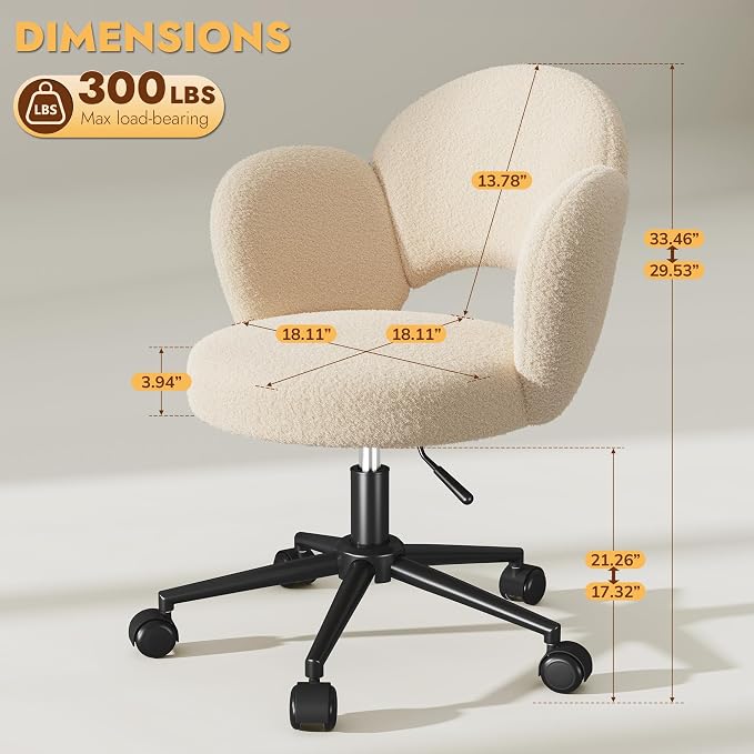 Homkdom Petal Vanity Chair with Wheels, 3.94" Thick Comfy Desk Chair, Swivel Armless Chair with Open Back and Adjustable Height, Ideal for Makeup Study Work and Relaxation, Creamy Beige