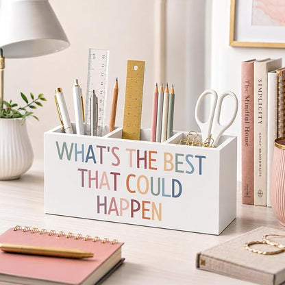 Motivational Boho Pen Holder for Desk, What's the Best That Could Happen Positive Affirmation Wooden Box Sign Desk Decor for Home Office Decoration, Inspirational Pencil Organizer