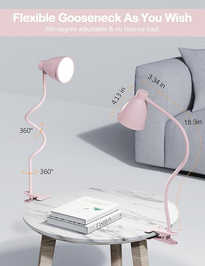 BOHON Cute Desk Lamp with Clamp Clip on Light, 5 Color 10 Brightness, Pink | Flexible Gooseneck Pink Lamp 10W 38 LED Auto Off Timer Kawaii Accessories Desk Lights for Office Home Bed Bedside Reading