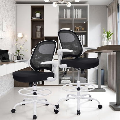 HYLONE Tall Drafting Chair Standing Desk Chair with Flip-Up Armrests, Adjustable Height Ergonomic Office Chair with Footrest Ring - High Stool Chair for Standing Desk (Black Mesh&White Base)