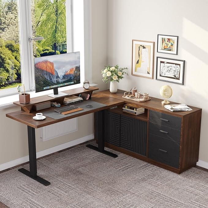 ONBRILL 55" Electric Standing Desk with 55" File Cabinet, Adjustable Height Home Office Furniture Set with Monitor Stand and 3 Drawers, Executive Workstationfor Home Office, Walnut