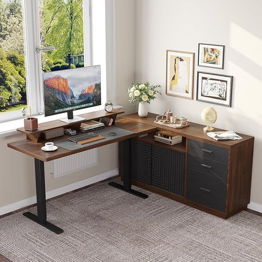ONBRILL 63" Electric Standing Desk with 55" File Cabinet, Adjustable Height Home Office Furniture Set with Monitor Stand and 3 Drawers, Executive Workstationfor Home Office, Walnut