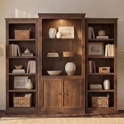 Merax 3-Pieces Brown Bookcase Collection Display Cabinet 87"x17"x79" Tall Bookshelf, Single Color Ceiling Light, 5 Shelf MDF Bookcase for Living Room, Home Office, Studio
