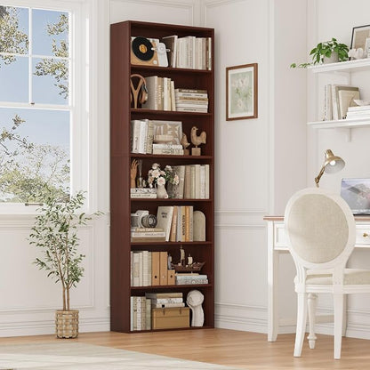 FACBOTALL 82" Tall Bookshelf, 7-Tier Open Shelves Bookcase, Freestanding Display Storage Shelves, Tall Bookcase Home Decor Furniture for Home Office, Living Room, Bedroom, Cherry