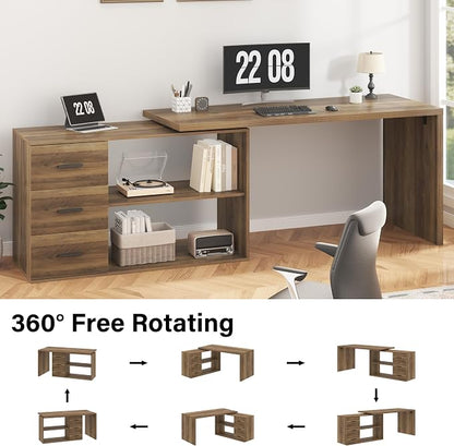 HSH L Shaped Office Desk with Drawers Shelves 55-76 Inch, Corner Computer Desk with Storage 360 Rotating Long for Work, Executive, Study, Writing, Teacher, Bedroom Modern Gaming Table Farmhouse