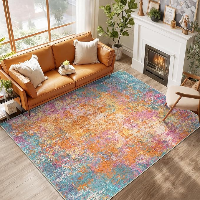 RELEANY Washable Area Rugs 9'x12' Non-Slip Modern Abstract Soft for Living Room Entryway Bedroom Kitchen, Print Pattern, Orange Blue Pink Yellow Colorful