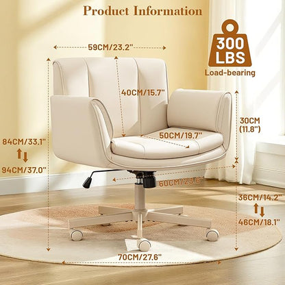HeroSet Criss Cross Chair with Wheels & Armrests,Comfy Wide Vanity Chair,Scratch-Resistant Pu Leather Cross Legged Desk Chair,Height Adjustable Computer Office Desk Chairs for Home,Makeup,Bedroom