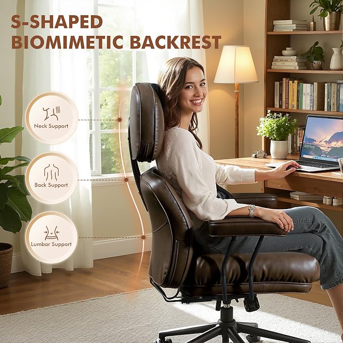 Faux Leather Executive Office Chair - Big and Tall Ergonomic Home Office Chair,Reclining Computer Desk Chair with Lumbar Support,Adjustable Task Chair Swivel Rolling PC Chair with Wheels,PU,Dark Brown