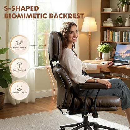 Faux Leather Executive Office Chair - Big and Tall Ergonomic Home Office Chair,Reclining Computer Desk Chair with Lumbar Support,Adjustable Task Chair Swivel Rolling PC Chair with Wheels,PU,Dark Brown
