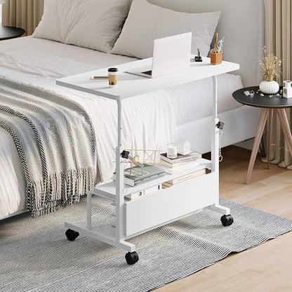 DUMOS 31.5" Mobile Rolling Desk with 2-Tier Storage Shelves, Height Adjustable Computer Desks on Wheels, Portable Rolling Laptop Table for Small Spaces & Home Office White