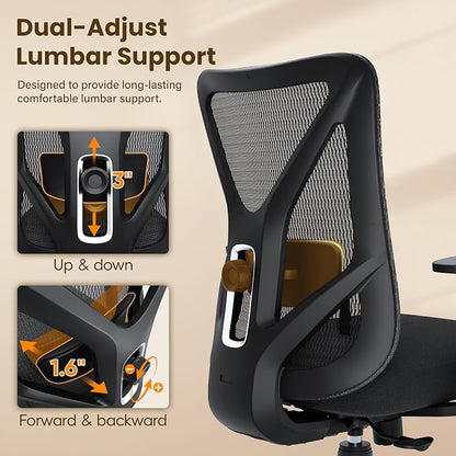 Ergonomic Office Chair, Mesh Computer Desk Chairs with Adjustable Lumbar Support, 3D Armrests, Tilt Function, Comfy Wide Seat, Executive Work Task Chair for Company and Home (Sponge Cushion)