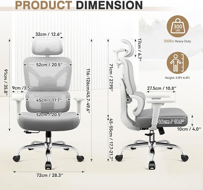Ergonomic Office Desk Chair, Breathable Mesh Office Chair with Lumbar Support, Computer Desk Chairs Comfy for Home Office, Work, Study, LightGray, Standard