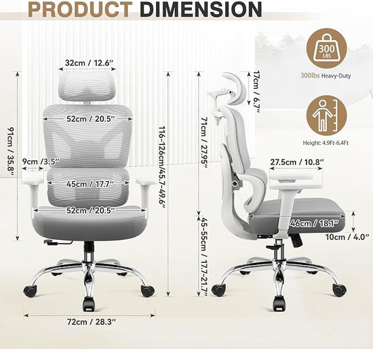 Ergonomic Office Desk Chair, Breathable Mesh Office Chair with Lumbar Support, Computer Desk Chairs Comfy for Home Office, Work, Study, LightGray, Standard