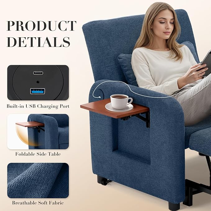 Convertible Sleeper Chair-Fabric Futon Sofa Bed, Single Sleeper Sofa, Small Couch Bed with USB Port, Foldable Table, Pillow, Adjustable Backrest for Dorm/Bedroom/College Blue