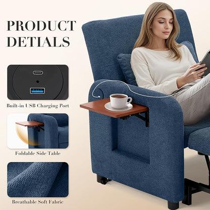 Convertible Sleeper Chair-Fabric Futon Sofa Bed, Single Sleeper Sofa, Small Couch Bed with USB Port, Foldable Table, Pillow, Adjustable Backrest for Dorm/Bedroom/College Blue
