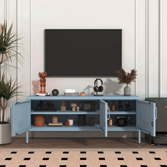 Blue Industrial Metal TV Stand with Lockable Storage Cabinet, Wide 3-Door Media Console, Adjustable Shelves, Multipurpose Accent Cabinet for Living Room Bedroom Home Office