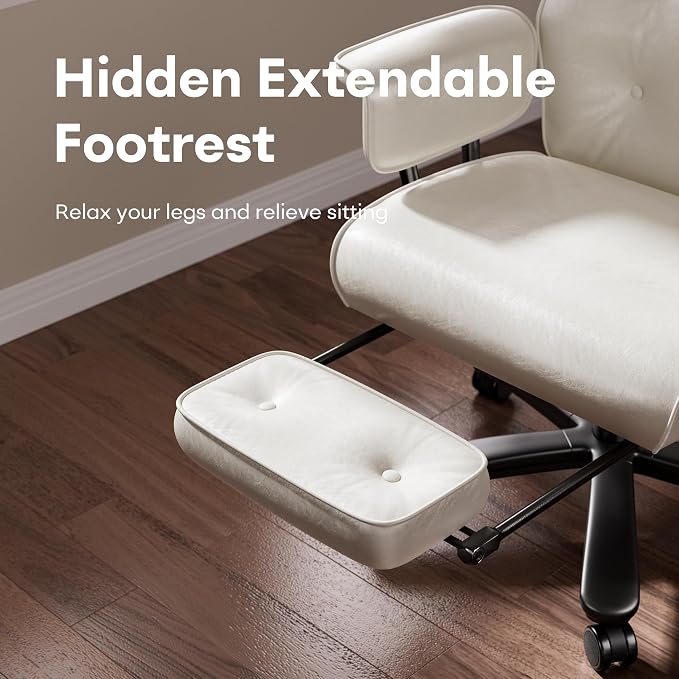 SeekFancy Reclining Criss Cross Office Chair with Wheels & Arms, White | Button-tufted PU leather; retractable footrest; 400 lbs capacity; 10% thickened wide cushion; retro executive design.
