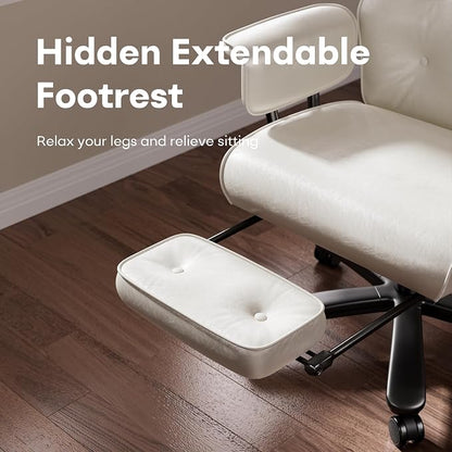 SeekFancy Reclining Criss Cross Office Chair with Wheels & Arms, White | Button-tufted PU leather; retractable footrest; 400 lbs capacity; 10% thickened wide cushion; retro executive design.