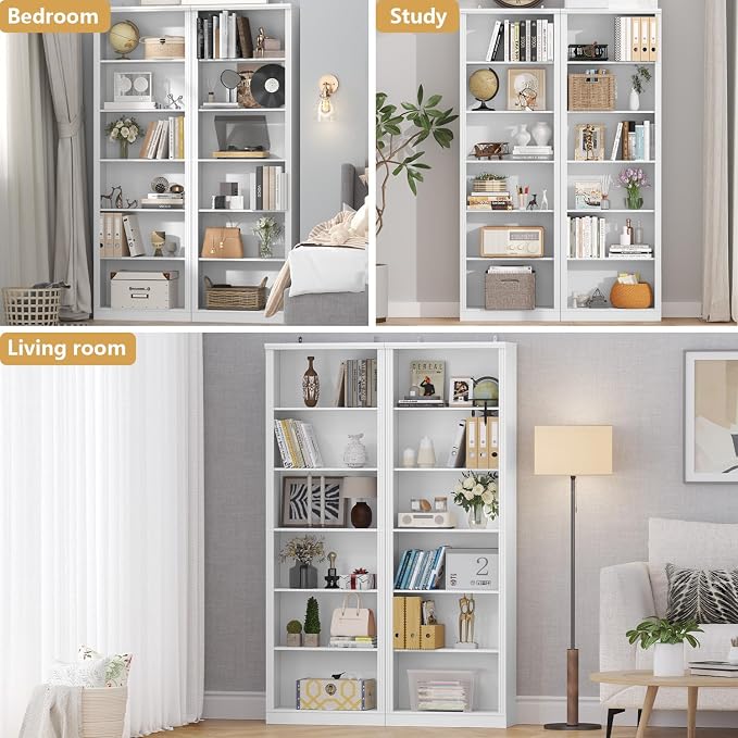 Thacuok 75" Tall Bookshelf Set of 2, 6 Tier Bookshelf with Adjustable Shelves, Bookcase with Anti-Tipping Device, Floor Standing Modern Display Rack,Book Shelf for Living Room, Bedroom, Office, White