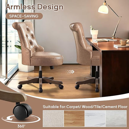 HUIMO Home Office Chair Upholstered Faux Leather PU Armless Desk Chair with Wheels Adjustable Height Computer Desk Chair with Wooden Legs Comfortable Swivel Chair for Study Studio (Light Brown)