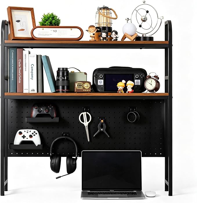 deli Desktop Shelf, Desk Hutch with Grid Panel, Desktop 2-Tier Display Rack, Multipurpose Metal Desktop Bookshelf Storage Organizer, Black