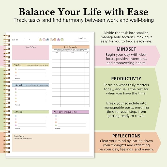 ADHD Daily Planner with Hard Cover & Colorful Sheets Inside,Productivity Planner Task Management Organizer for Neurodivergent Adults Focused for Men & Women, 7" x 10"