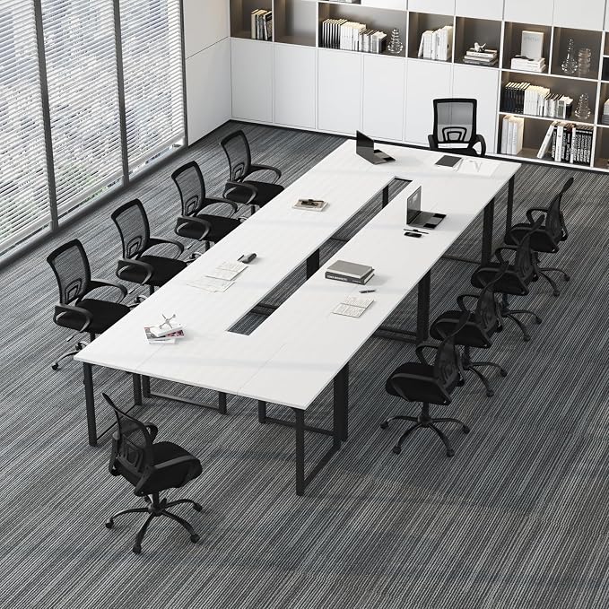 Bonzy Home 18FT Conference Table Set of 6, Modern Large Meeting Table Office Desks for 22 Person, Long Rectangle Table with Sturdy Metal Frame, 213" D x 64" W x 30" H, White