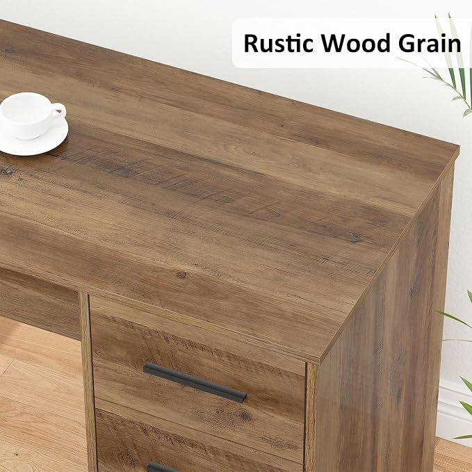 HSH Large L Shaped Home Office Desk with Drawers, Rustic L-shaped Computer Desk with Storage File Cabinet Shelves, Corner Reversible Metal Wood Executive Work Study Writing Table, 59 Inch Bedroom Desk
