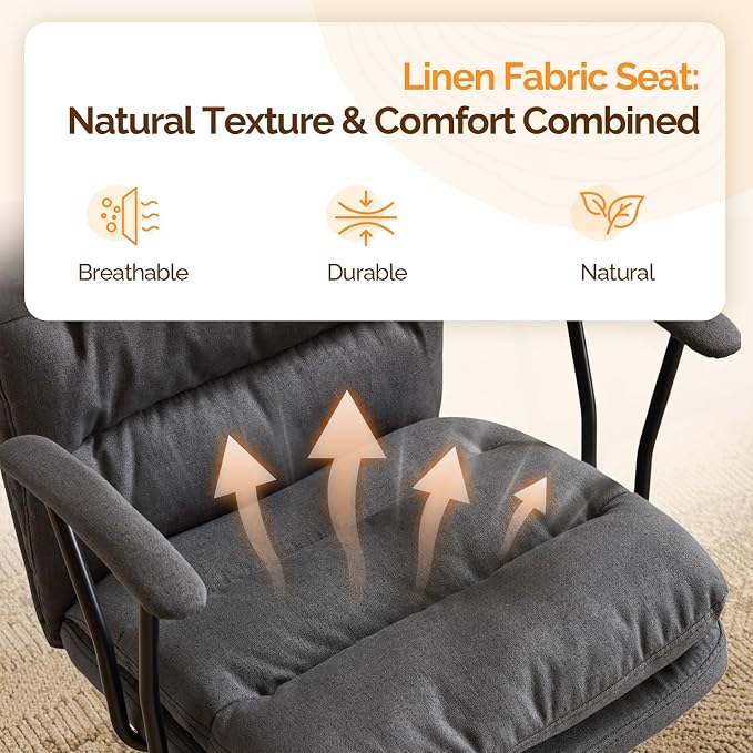 VINGLI Padded Grey Desk Chair with/No Wheels,Dual-Base,Removable Armrests,Adjustable Comfy Rolling Swivel Computer Task Nail Tech Chair for Home Office,Sewing,Makeup Vanity,Teen,Linen Fabric