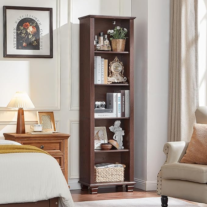 SAVOR LIFE 70" Tall Narrow Book Shelf, Wood Skinny Bookshelf with Adjustable Shelves & Wooden Legs, Farmhouse Bookcase w/5-Tier Storage, Free Standing Bookshlves for Office, Living Room, Walnut, 2PCS