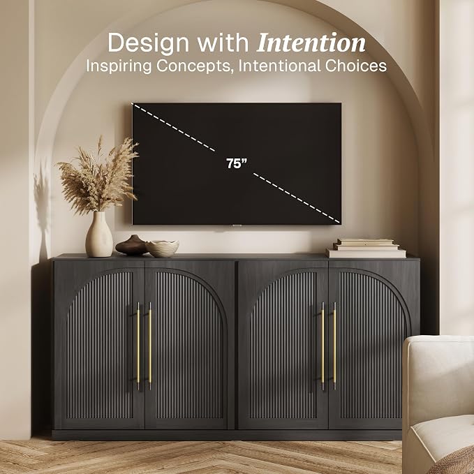 BELLEZE 65" Kitchen Storage Cabinet with Adjustable Shelves,Freestanding Accent Cabinet with Fluted Arched Design & Gold Handles,Modern Credenza for Living Room,Dining Room,Entryway - Ebony