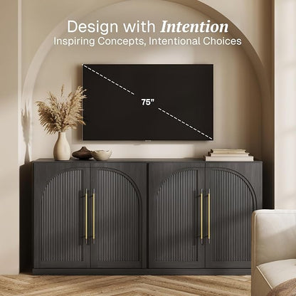 BELLEZE 65" Kitchen Storage Cabinet with Adjustable Shelves,Freestanding Accent Cabinet with Fluted Arched Design & Gold Handles,Modern Credenza for Living Room,Dining Room,Entryway - Ebony