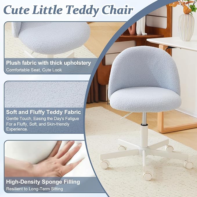 VINGLI Candy Chair Armless Cute Desk Chair,Comfy Small Office Chair with Wheels,Vanity Chair with Lumbar Support,Teddy Adjustable Rolling Swivel Computer Task Chair for Home Office,Bedroom,Poetic Blue