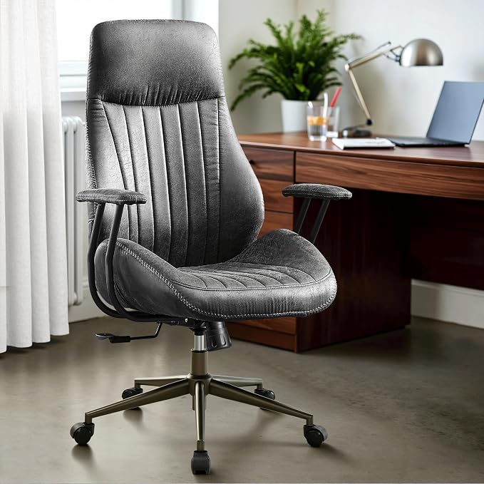 ovios Executive Ergonomic Office Chair, High Back Comfy Faux Suede Leather Computer Chairs, Mid-Century Modern Swivel Rolling Task Armchair, Grey