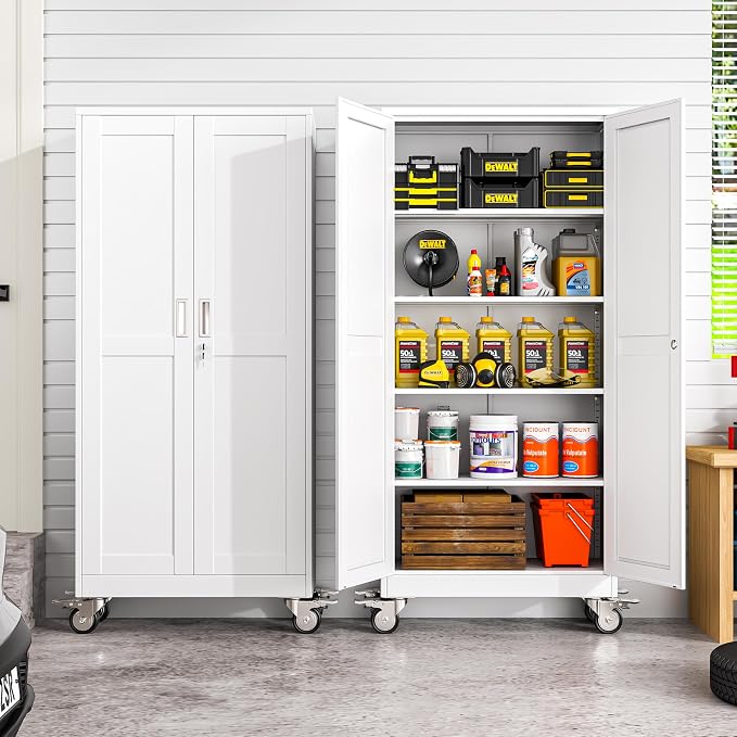 winiowa 71" Tall Metal Garage Storage Cabinet with Wheels, Steel Locking Rolling Tool Cabinet with 4 Adjustable Shelves for Garage,Home,Office (White)