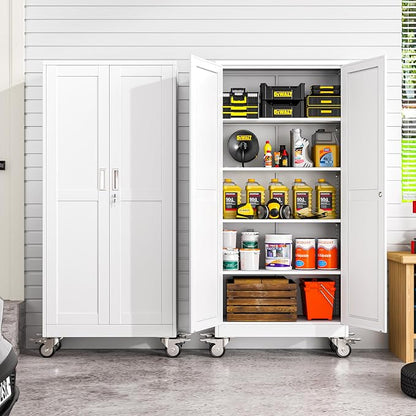winiowa 71" Tall Metal Garage Storage Cabinet with Wheels, Steel Locking Rolling Tool Cabinet with 4 Adjustable Shelves for Garage,Home,Office (White)