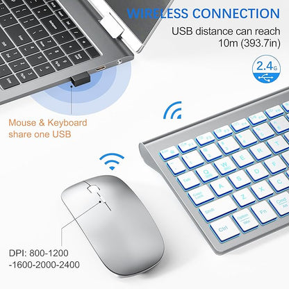 Wireless Backlit Keyboard and Mouse Ultra Slim Combo, TopMate 2.4G Silent Compact 2400DPI Mouse and Scissor Switch Keyboard Set, Batteries Included, for PC/Laptop/Windows/Mac/Gaming - BL Silver White