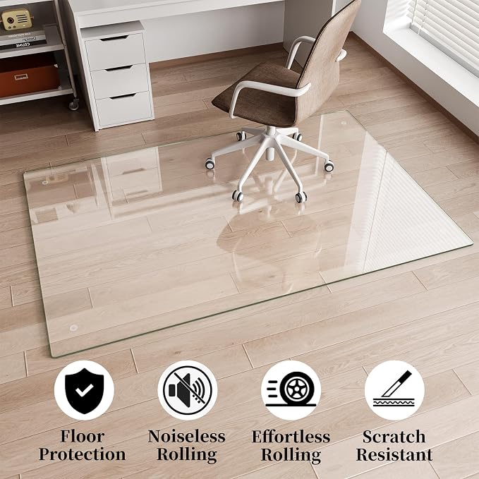Glass Chair Mat 46" x 46" Heavy Duty Tempered Glass Office Chair Mat, Glass Floor Mat with Round Corner and Polished Edge for Smooth Glide, Office Chair Mat for Carpet, Hardwood Floor
