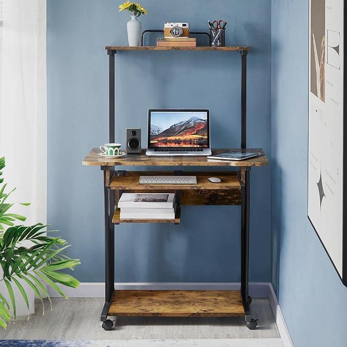 Topeakmart Retro Computer Desk on Wheels Mobile Computer Desk with Printer Shelf and Keyboard Tray, 3 Tiers Home Office Desk with Storage for Small Space, Compact Computer Workstation, Rustic Brown